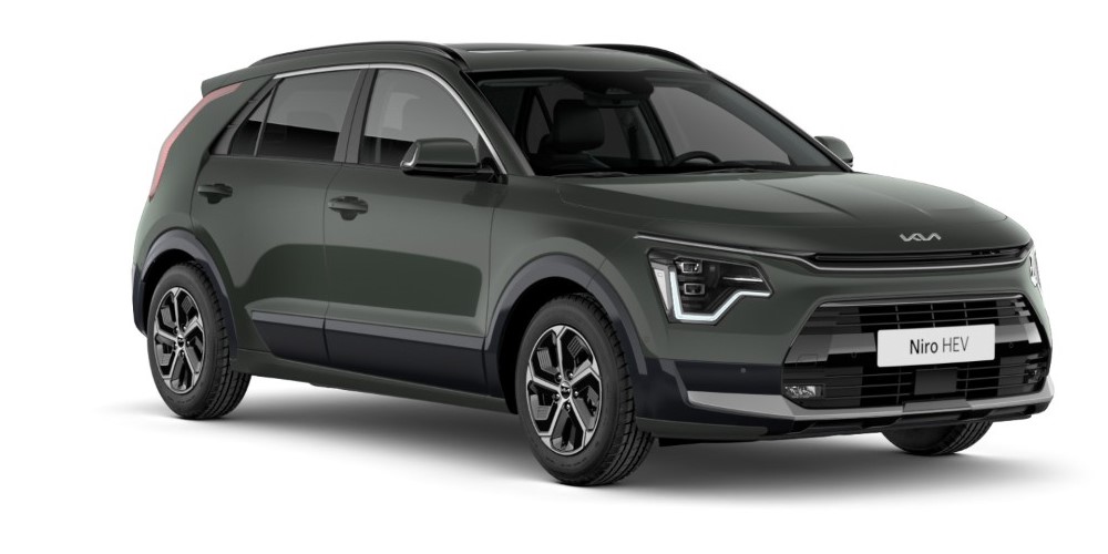 Kia Niro Hybrid schuin voorkant groen model foto witte achtergrond