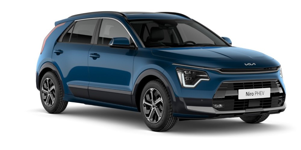 Name Kia Niro Plug In Hybrid blauw schuin voorkant model foto witte achtergrond